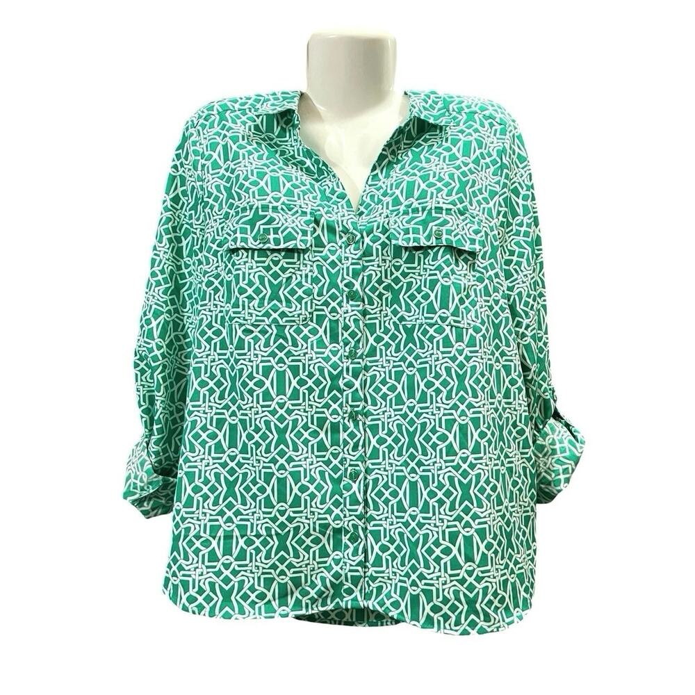 Adrienne Vittadini Women's Green Geometric Roll Tab Sleeve Blouse  Casual SZ XL